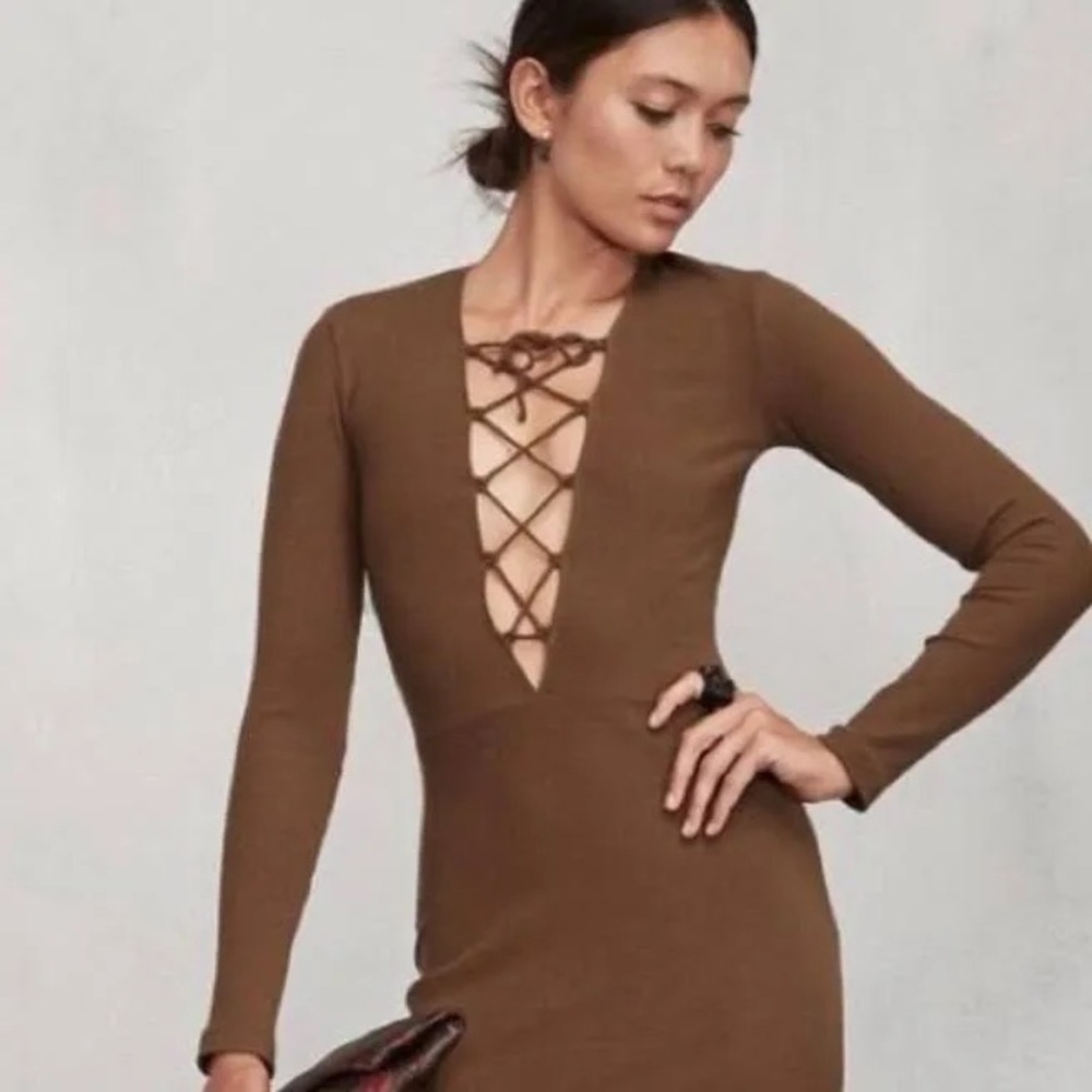 Reformation Edison Long Sleeve Ribbed Dress, Lace Up in cocoa brown Size Small